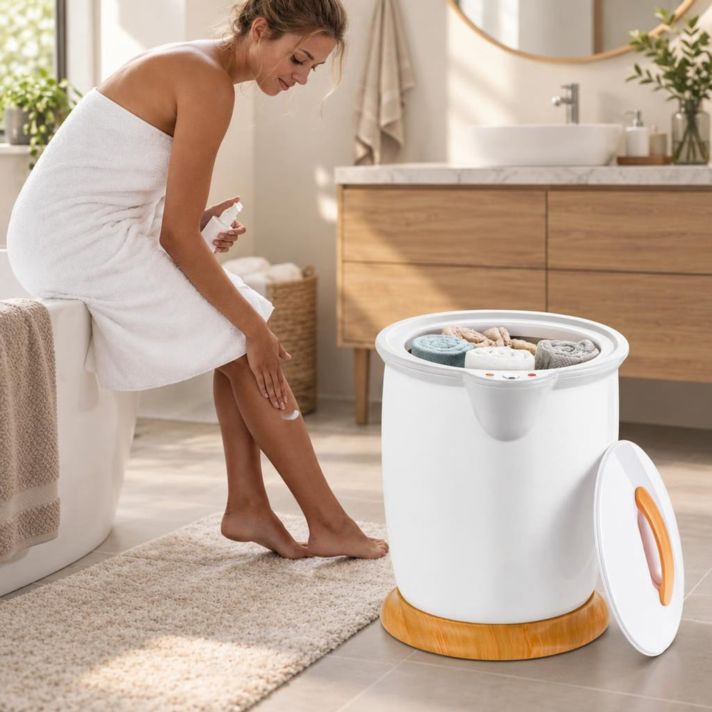 Airfind Bathroom Towel Warmer Bucket with Fragrance Holder and Auto Shut, Plastic Frame, 14 x 13 x 18.5 Footprint, White