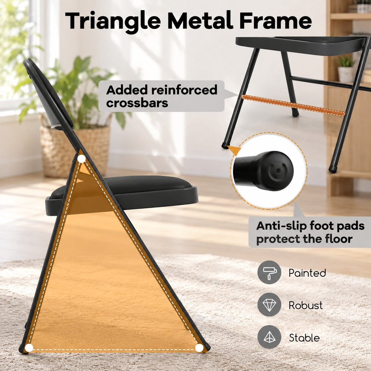 Airfind 4 Pack Folding Chairs with Metal Frame and PVC Leather for Indoor Outdoor, 330 lbs Capacity, Metal PVC Sponge MDF Frame, Black