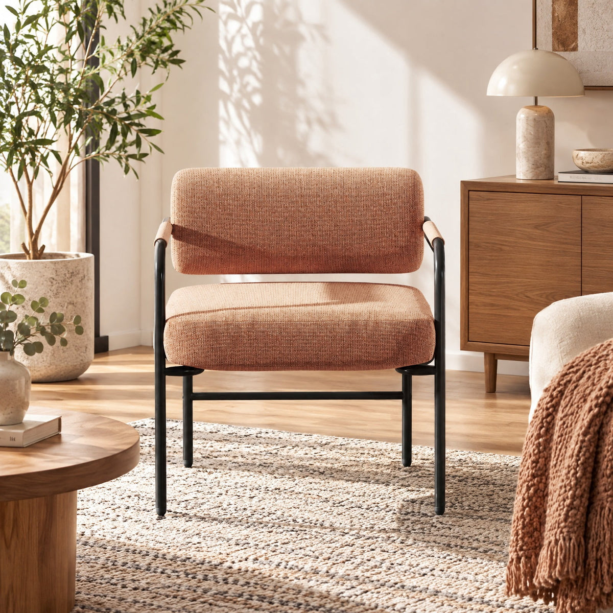 Airfind Velvet Upholstered Accent Chair with Cylindrical Backrest and Metal Armrests, 330 lbs Capacity, Velvet Metal Sponge Frame, Brown