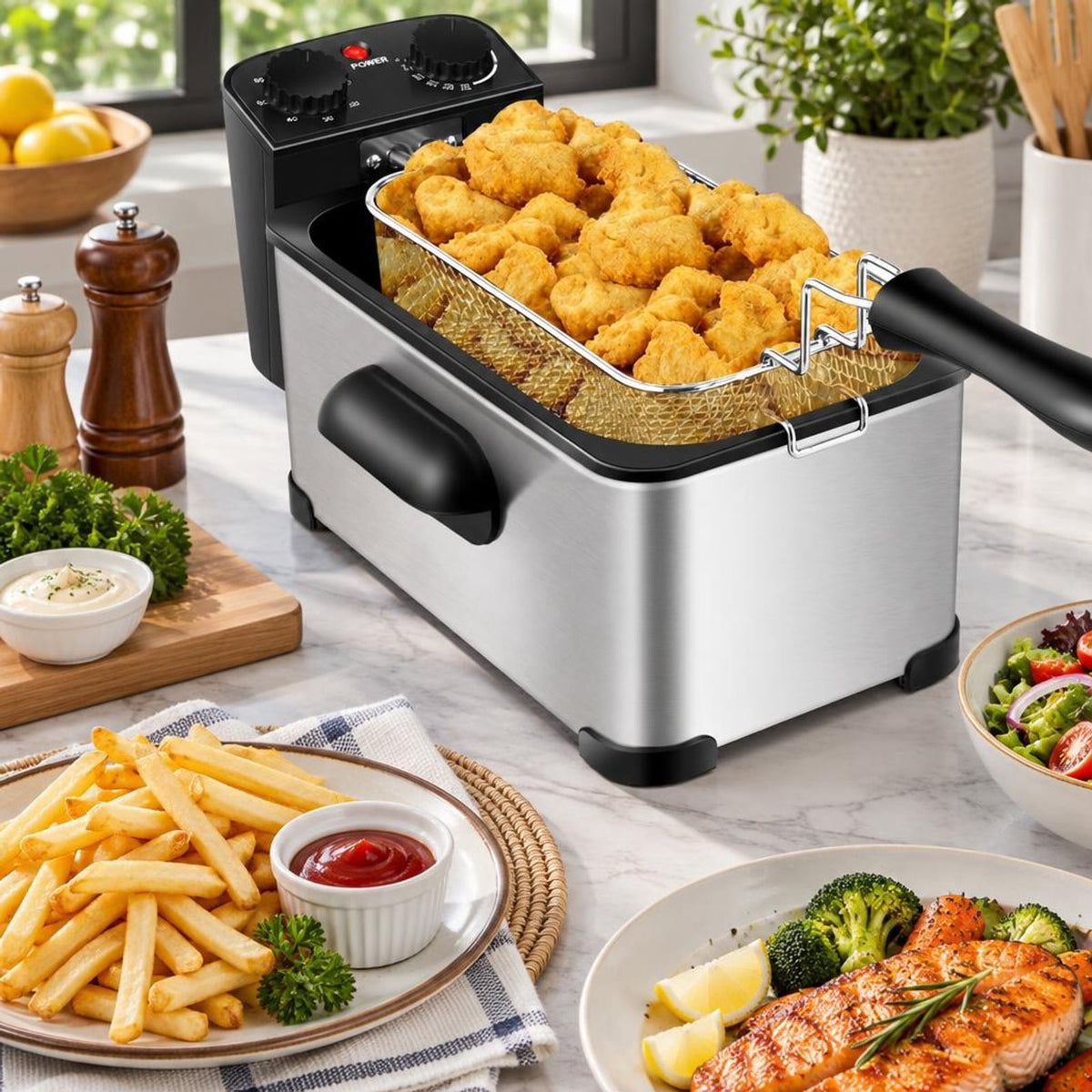 Airfind 3.2 Quart Electric Stainless Steel Deep Fryer featuring Timer, Stainless Steel Iron Frame, 21.5 Inch x 9.5 Inch x 8.5 Inch Footprint, Silver