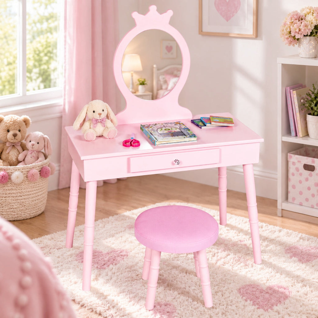 Airfind Kids Vanity Makeup Table and Chair Set Make Up Stool, 33 lbs Capacity, MDF pine wood Frame, 27.5 Inch x 13.5 Inch x 40 Inch Footprint, Pink