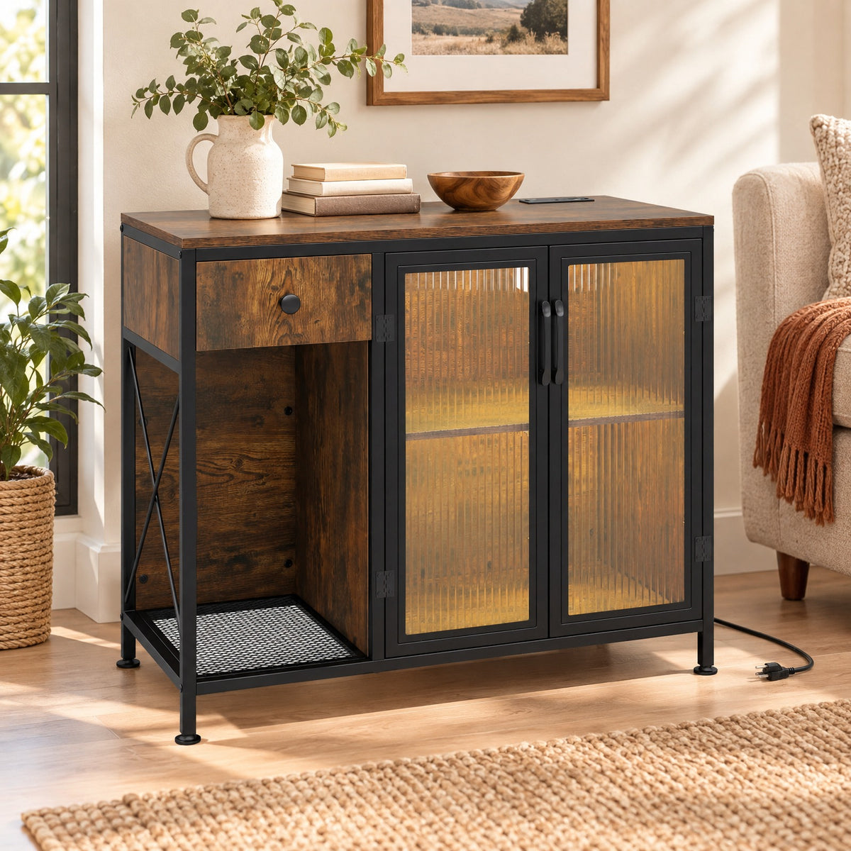 Airfind Buffet Sideboard with Doors, Power Outlets and LED Light, 110 lbs Capacity, Engineered Wood Cabinet for Dining Room, Brown