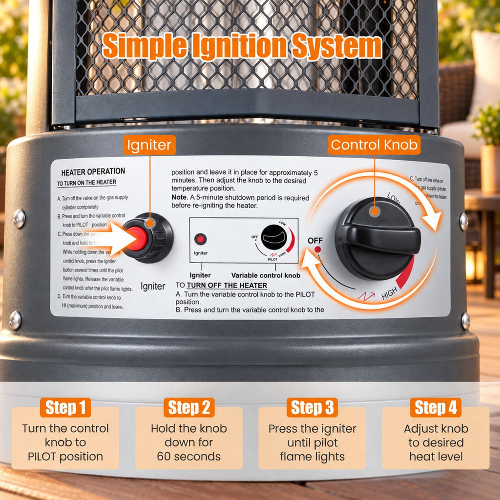 Airfind Outdoor Propane Patio Heater with Glass Tube and Tilt-Over Protection, Metal Frame, 27.5in x 74.5in Footprint, Dark Gray