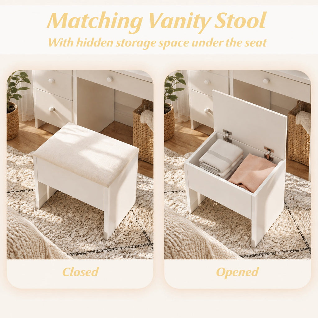 Airfind Vanity Desk with Mirror and Lights Makeup Dressing Table Vanity Table and Stool Set, 155 lbs Capacity, Engineered Wood Frame, White