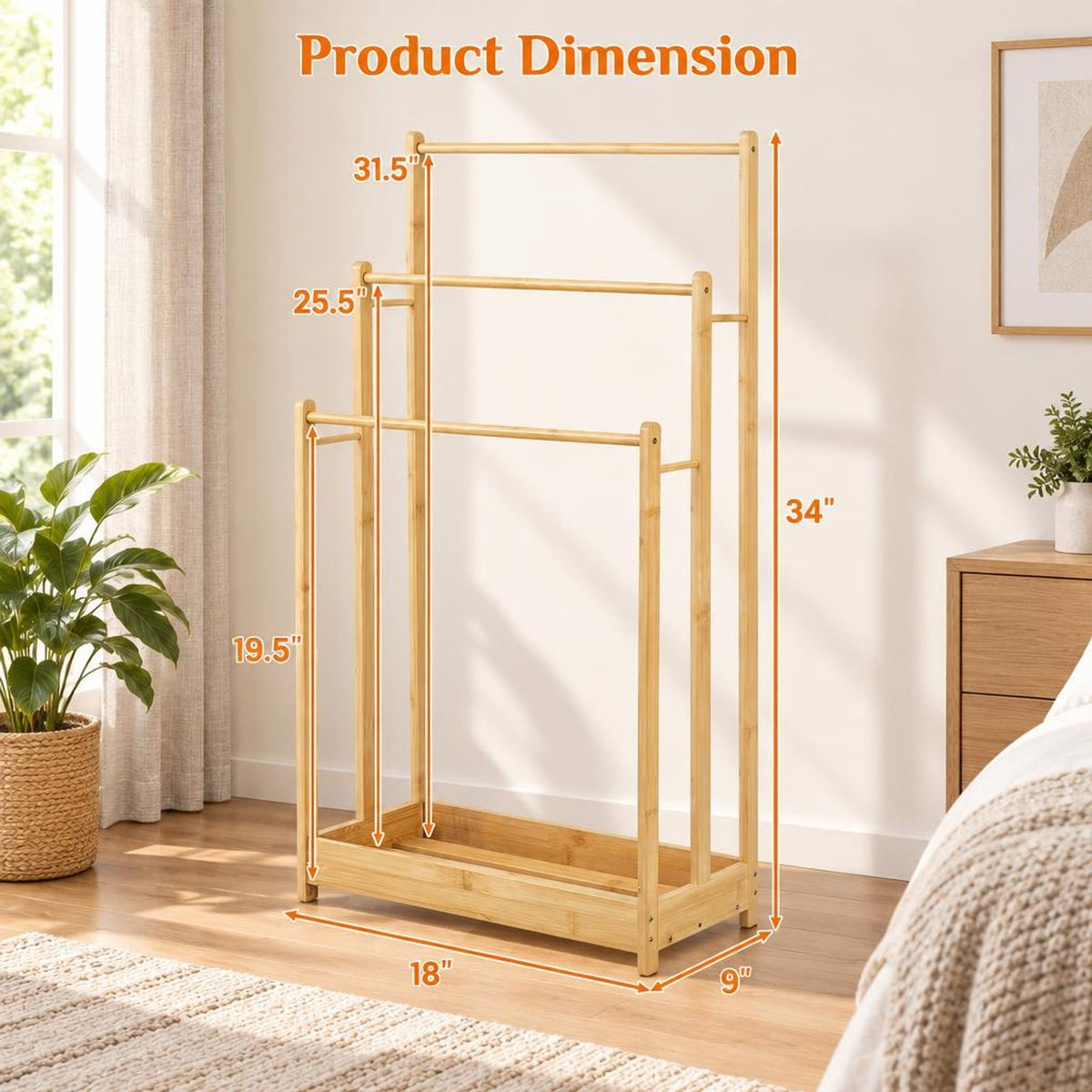 AIRFIND Bamboo Towel Rack, 3 Tier Freestanding Bathroom Organizer with Lower Storage Shelf and 5.5 lb Holding Capacity, Natural