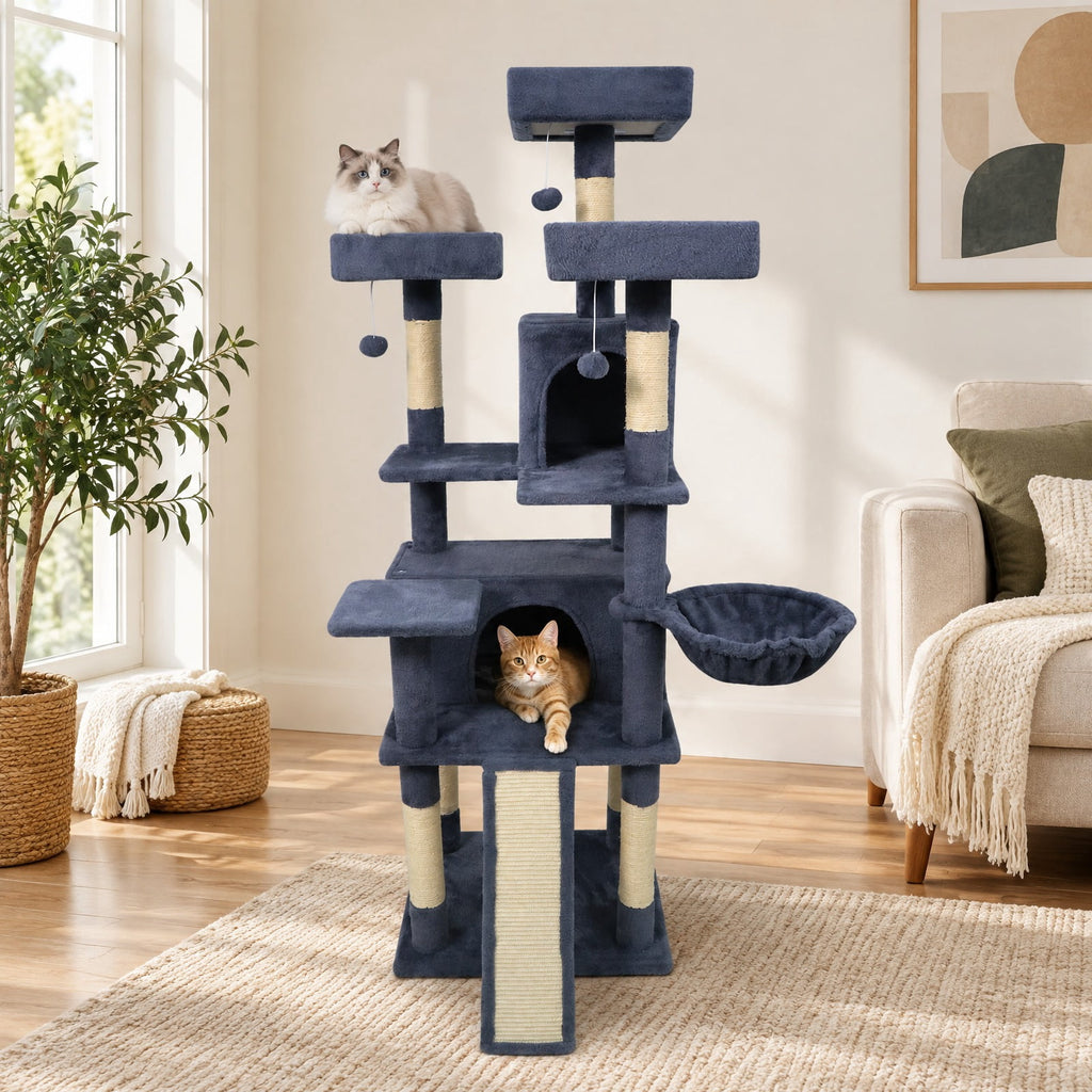 Airfind 65 Inch Tall Multi-level Cat Tree with 3 Upholstered Perch and 2 Cat Condos, Fabric Sisal Engineered Wood Overall Height 65 Inch Base Frame