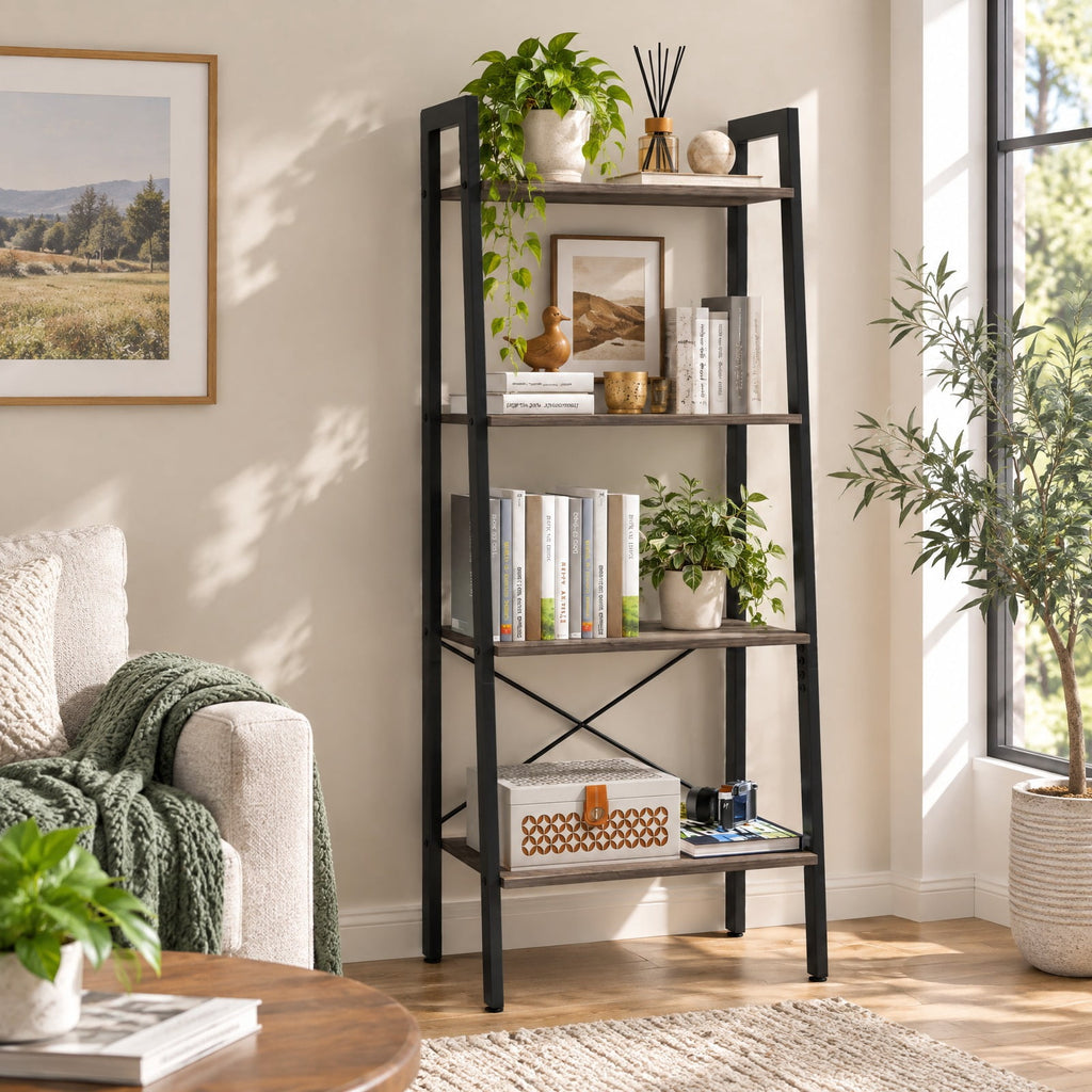 Airfind 4-Tier Bookshelf with Metal Frame and Adjustable Foot Pads, 200 lbs Capacity, Metal Engineered Wood Frame, Grey Oak
