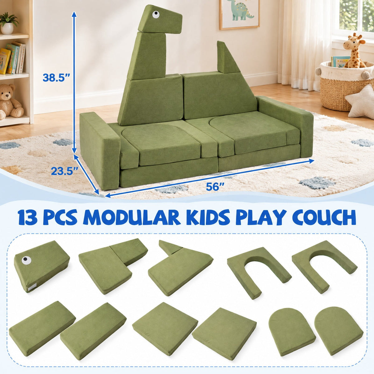 Airfind 13 Pieces Modular Youth Play Couch for Inspiring Creativity, Velvet Fabric, for 3 and Years Old, 56 Inch X 23.5 Inch X 38.5 Inch, Dinosaur, Unspecified