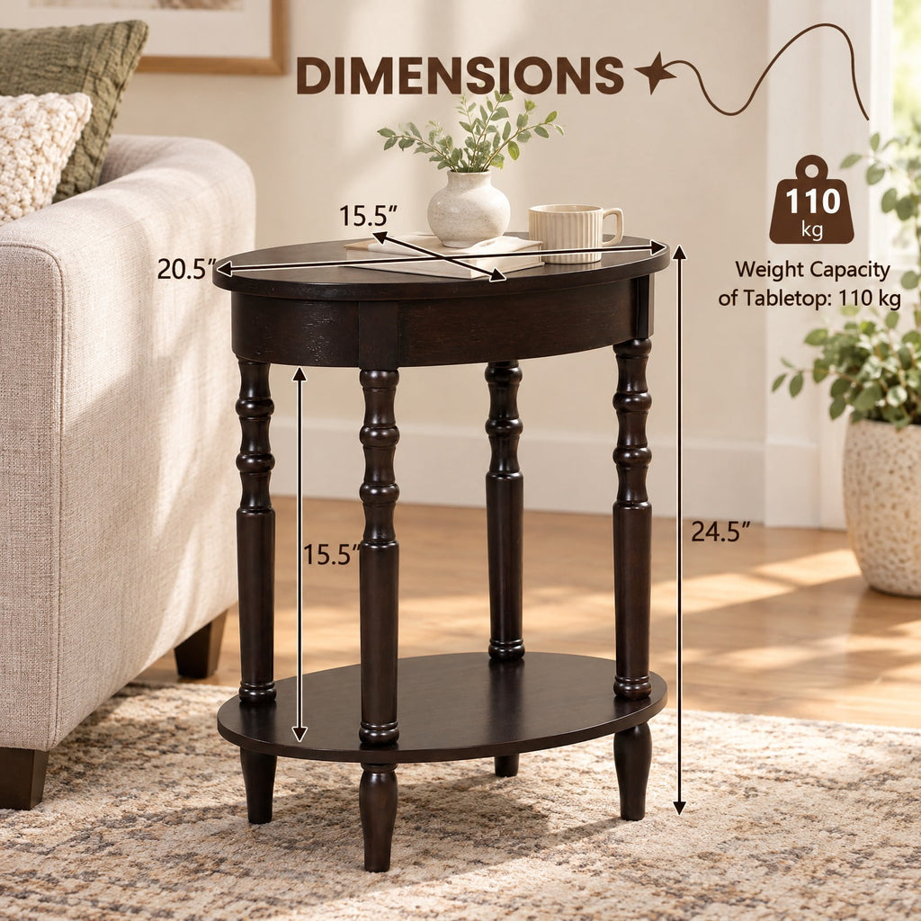 Airfind Side Table, 2-Tier Oval, with Storage Shelf and Solid Wood Legs, 245 lbs Capacity, MDF Rubber Wood Frame, Espresso