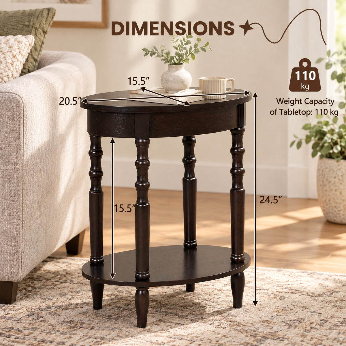 Airfind Side Table, 2-Tier Oval, with Storage Shelf and Solid Wood Legs, 245 lbs Capacity, MDF Rubber Wood Frame, Espresso