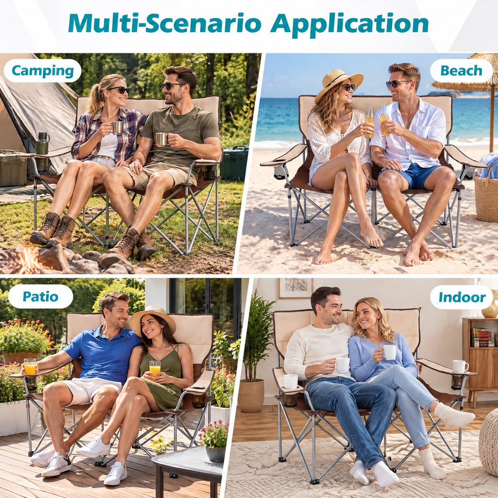 Airfind Double Camping Chair with Carry Bag Cup Holders, 660 lbs Capacity, Metal Oxford Fabric Sponge, 40 Inch x 20.5 Inch x 36.5 Inch , Brown