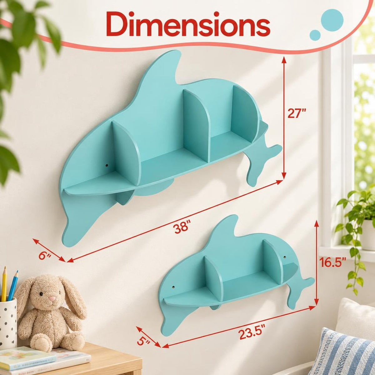 Airfind Floating Dolphin Shelves Wall Mounted Storage Display Rack, 11 lbs Capacity, MDF Frame, 38 x 6 x 27 Footprint, Blue