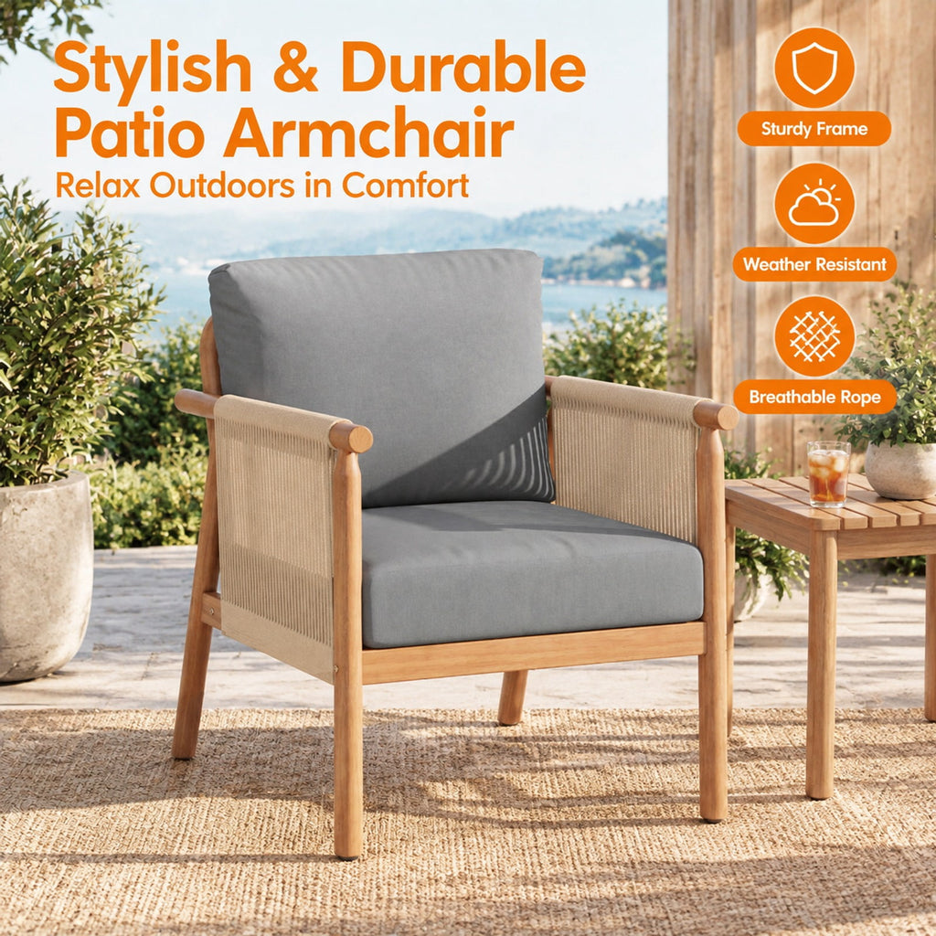 AIRFIND Acacia Wood Patio Chair, Outdoor Lounge Seat with Woven Rope Armrests and Removable Back and Seat Cushions, Gray