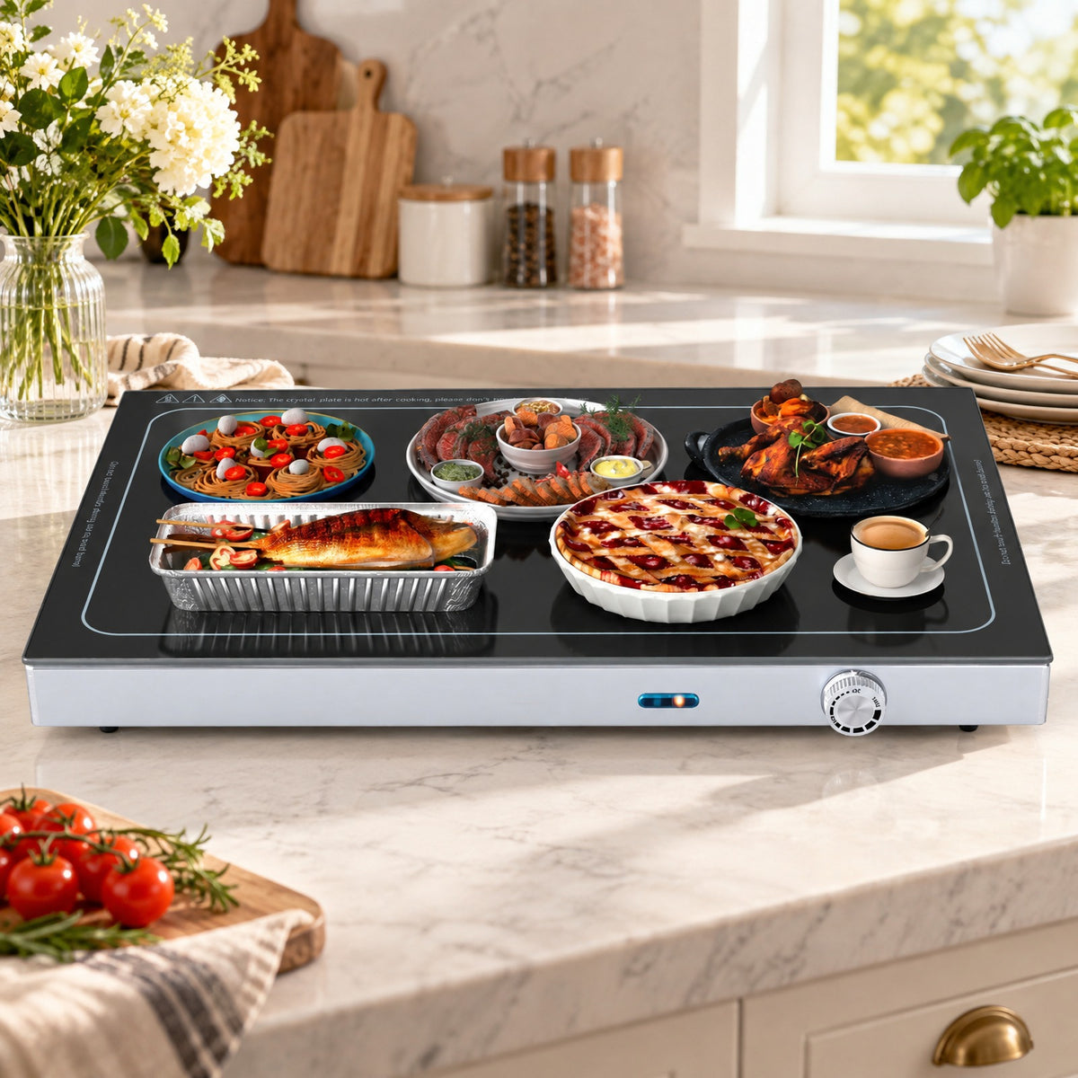 Airfind Electric Warming Tray with Adjustable Temperature and Built, Tempered Glass Stainless Steel Galvanized Steel Frame, Black and Silver