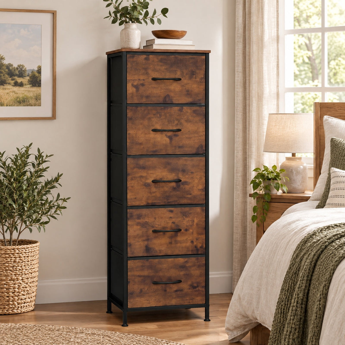 Airfind Dresser Nightstand with 5 Roomy Fabric Drawers for Bedroom, 130 lbs Capacity, Metal Engineered Wood Non-Woven Fabric Frame, Brown