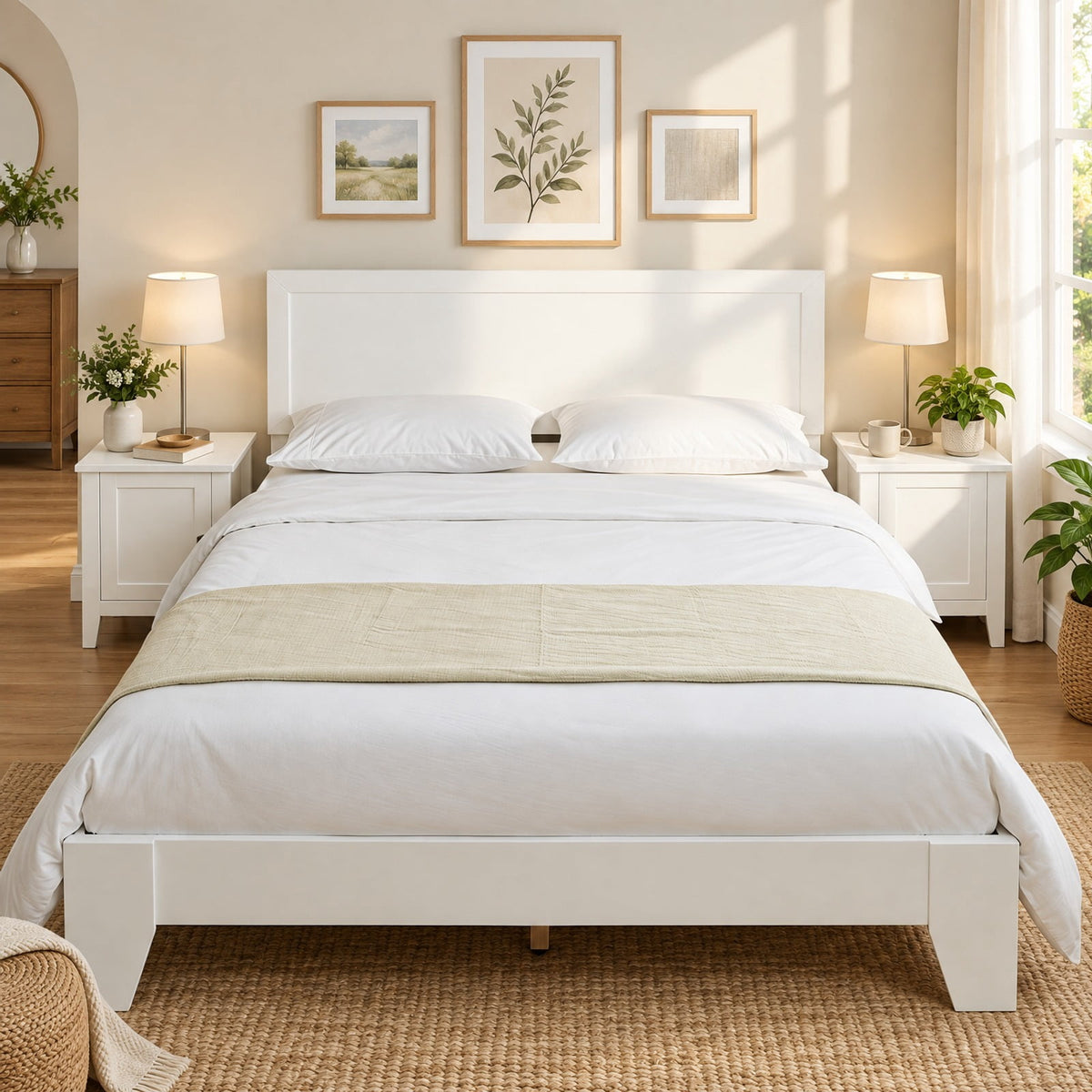 Airfind Queen Size Modern Bed Frame with Headboard, 500 lbs Capacity, Engineered Wood Frame, White, Eye-catching addition to your bedroom