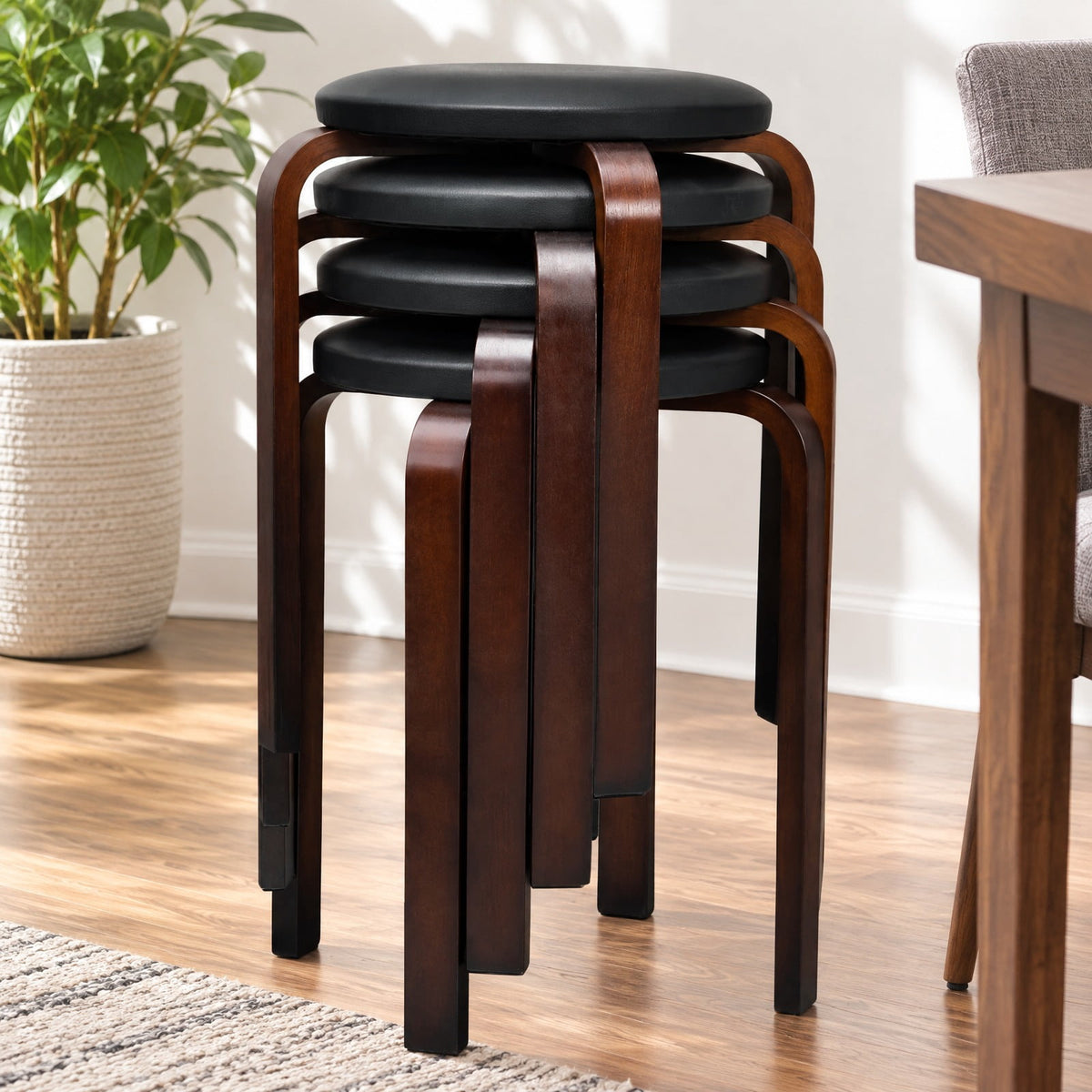Airfind Set of 4 Bentwood Round Stool Stackable Dining Chairs with Padded Seat, Birch PU leather sponge Frame, 15 x 15 x 18.5 Footprint, Black