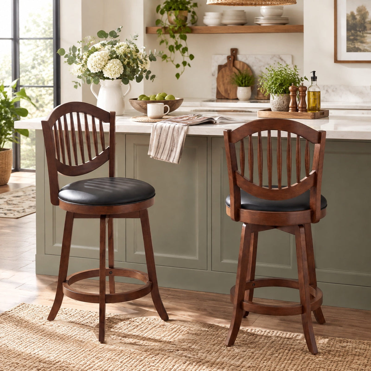 Airfind Swivel Bar Stools Set of 2 with Backrest and Wood Frame-25 Inches, 330 lbs Capacity, Rubber Wood PVC Leather Sponge Frame, Wood