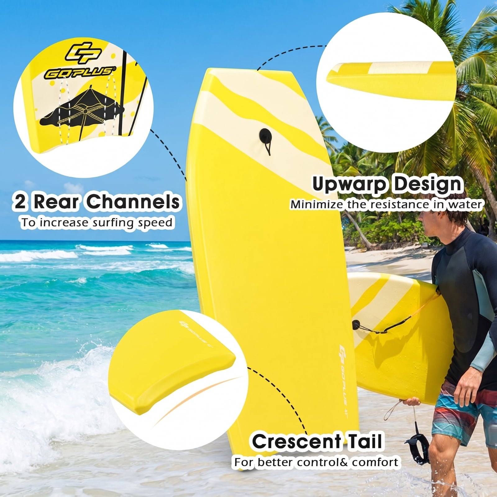 Airfind 33 Inch Yellow Surfing Bodyboard for Kids ¡ª XPE Deck, EPS Core, HDPE Slick Bottom, Crescent Tail, Wrist Leash Included