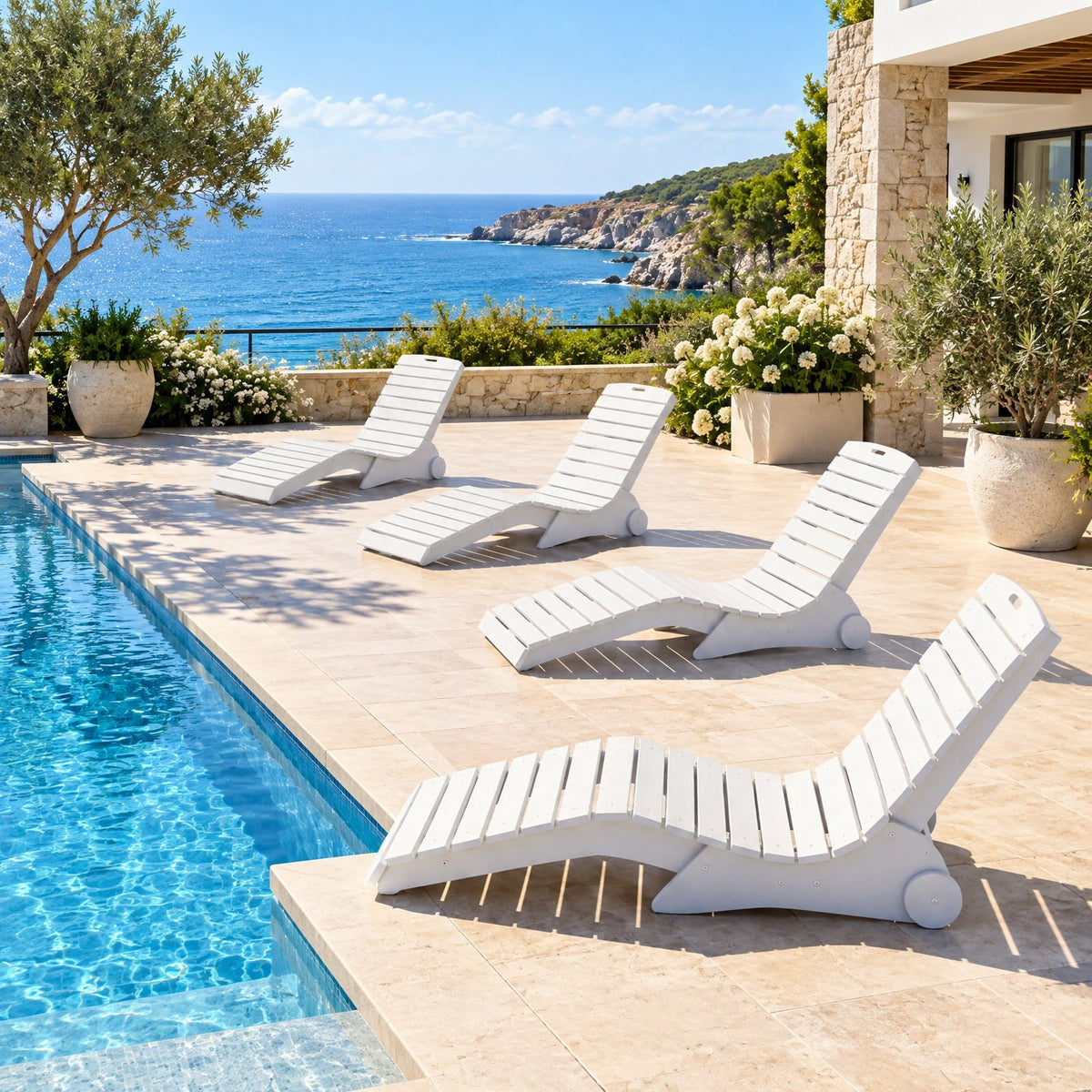 AIRFIND In-Pool Lounge Chair for Baja Shelves, HDPE Pool Ledge Lounger with Contoured Back, Built-In Wheels and 450 lb Capacity, White