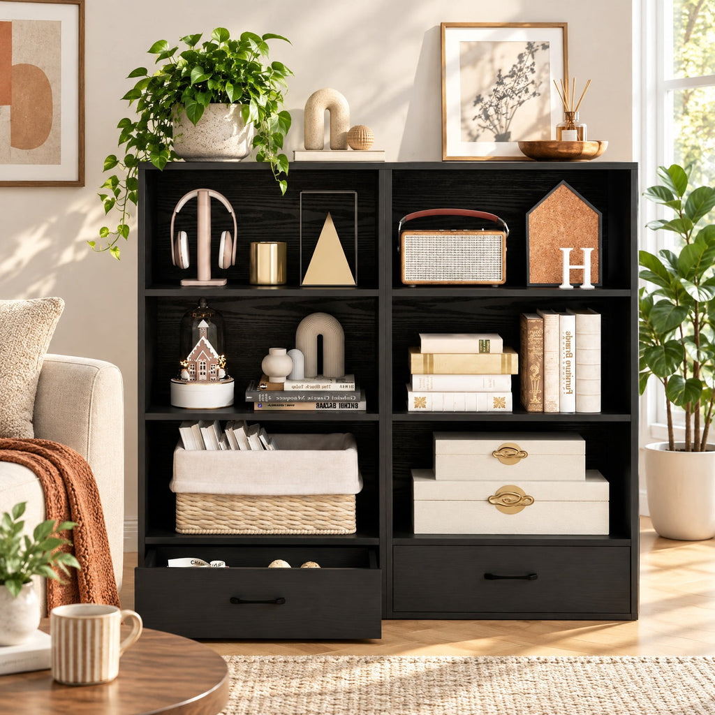 Airfind 48 Inch Tall 4 Tiers Wood Bookcase with Drawer, 88 lbs Capacity, Engineered Wood MDF Frame, 24in x 15in x 42.5in Footprint, Black