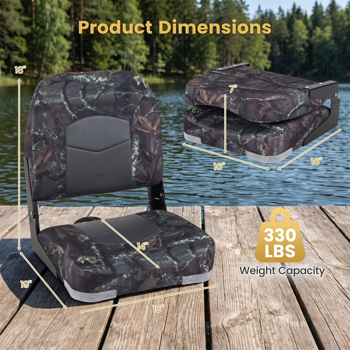 Airfind Folding Low Back Boat Seats 2 Pack with Thick Sponge Padding and Aluminum Hinges for Fishing and Cabin Boats, Camouflage