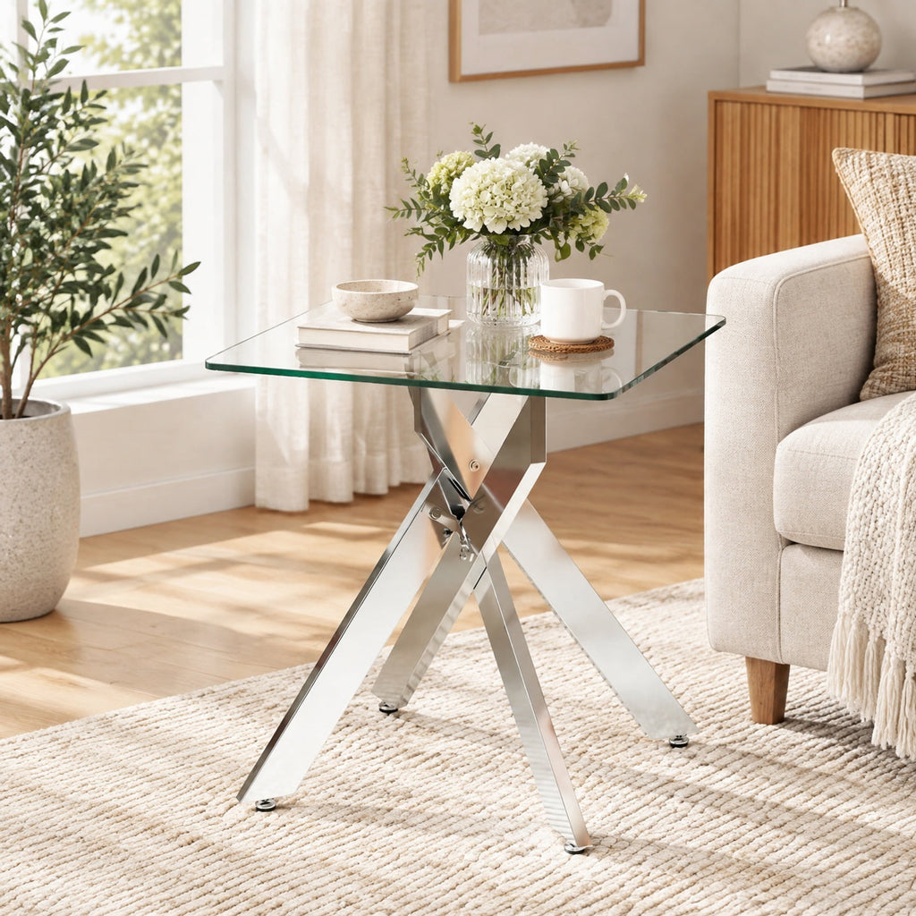 Airfind Glass Side Table Square End Table with Tempered Glass Top and Metal X Base, 20 Inch x 20 Inch x 22.5 Inch Load Footprint, Silver