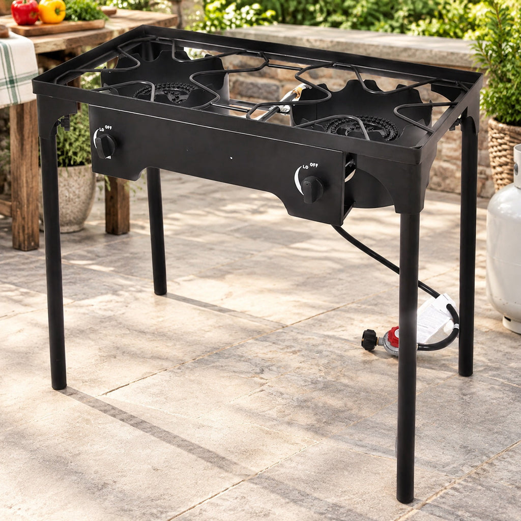 Airfind 150000 BTU Double Burner Outdoor Stove BBQ Grill, Cast iron Frame, 150 000 BTU of cooking power, Fully adjustable heat dial per burner