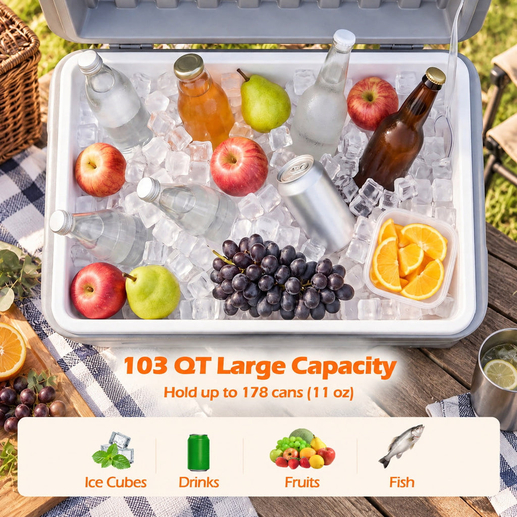 Airfind 103 Quart Outdoor Portable Wheeled Ice Cooler with Foldable Pull and Carry Handles, 330 lbs Capacity, HDPE PP PU TPE Frame, Gray
