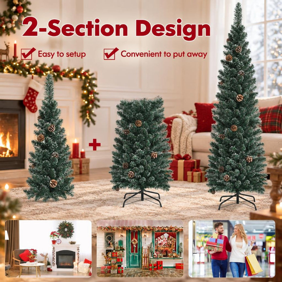 Airfind 5 Ft Slim Snow-Flocked Pencil Christmas Tree featuring 214 Branch Tips, 25 Pine Cones and Foldable Metal Stand, Green
