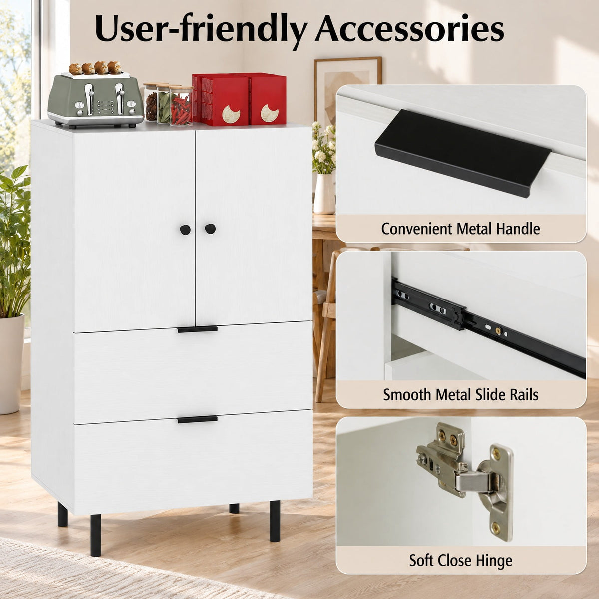 Airfind Sideboard Buffet Cabinet 2-Door Serving Cupboard with Drawers, 155 lbs Capacity, Engineered Wood MDF Metal Frame, White