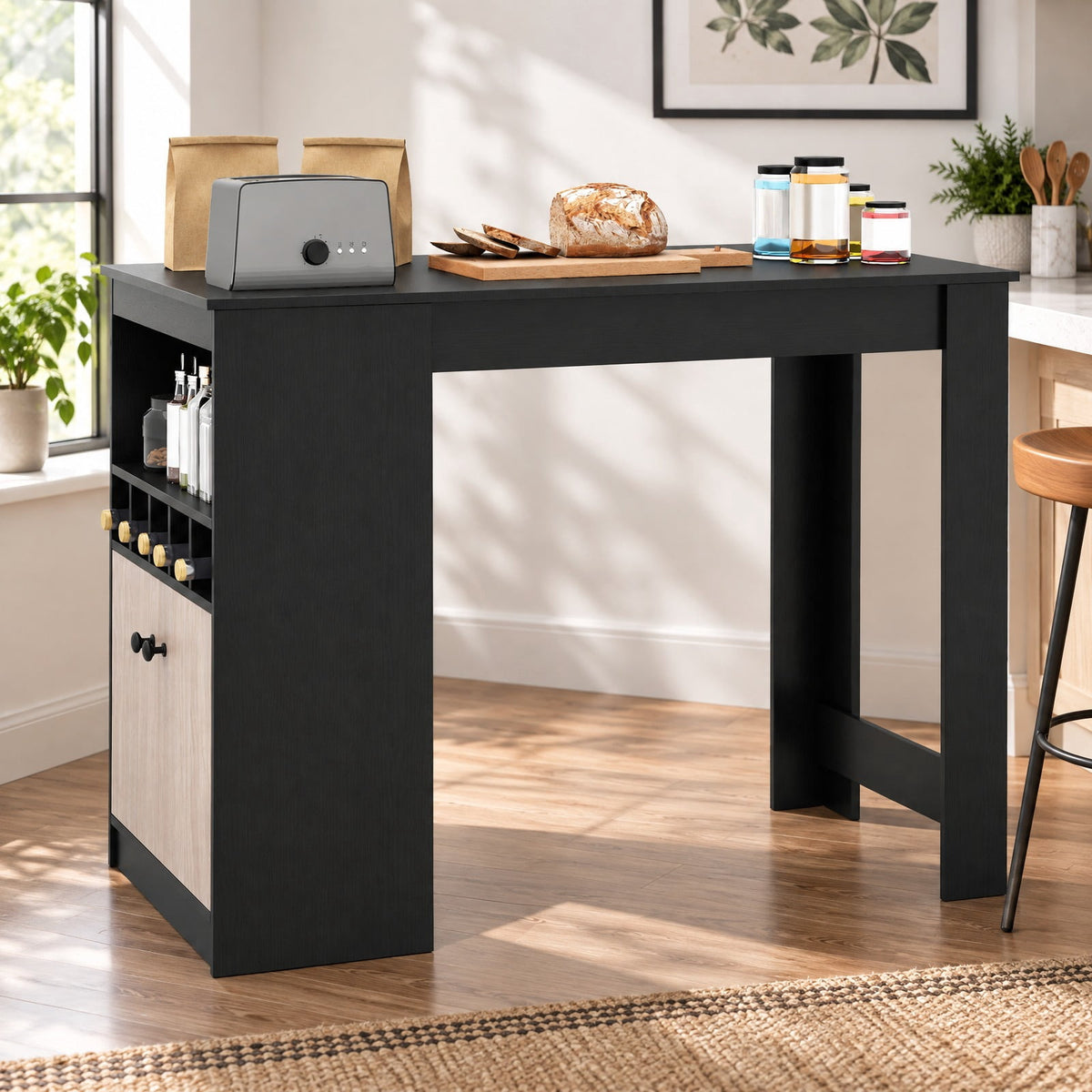 Airfind 48 Inch Bar Table with Storage Cabinet and Wine Rack, 210 lbs Capacity, Engineered Wood MDF Frame, 48 x 24 x 36 Footprint, Black