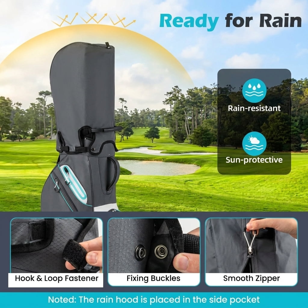 Airfind 10.5 in Golf Stand Bag with 14-Way Dividers and 7 Zippered Pockets featuring a rain hood with towel rings and dual carry straps for walking rounds, Gray