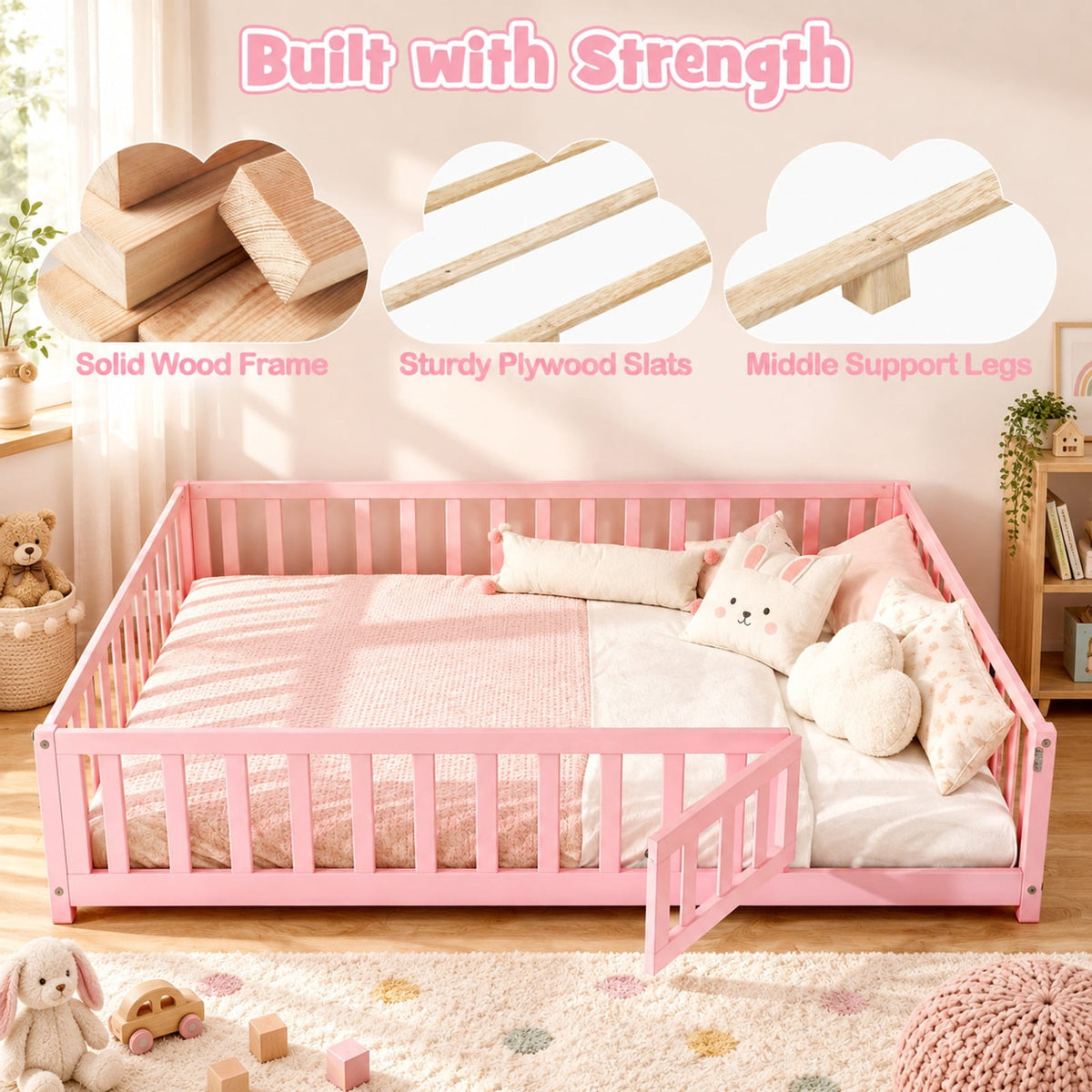 Airfind Montessori Bed Frame with Full-length Guardrails Safety Door and Latch, 330 lbs Capacity, Pine Wood Plywood Frame, Pink