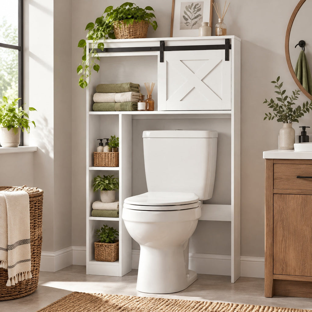 Airfind 4-Tier Over The Toilet Storage Cabinet with Sliding Barn Door and Storage Shelves, 154 lbs Capacity, Engineered Wood MDF Frame, White