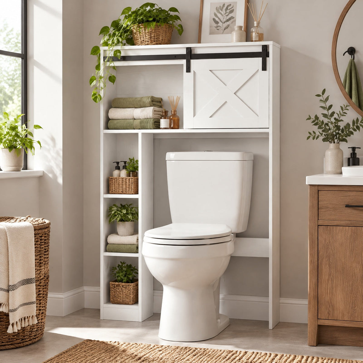 Airfind 4-Tier Over The Toilet Storage Cabinet with Sliding Barn Door and Storage Shelves, 154 lbs Capacity, Engineered Wood MDF Frame, White