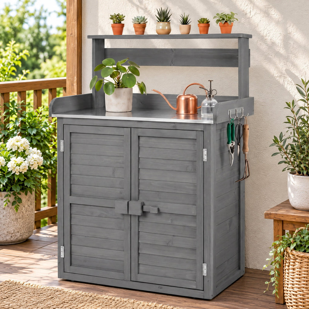 Airfind Wood Plant Workstation with Stainless Steel Tabletop and Removable Shelves, 110 lbs Storage Shelf Capacity, Fir Wood Stainless Steel Frame