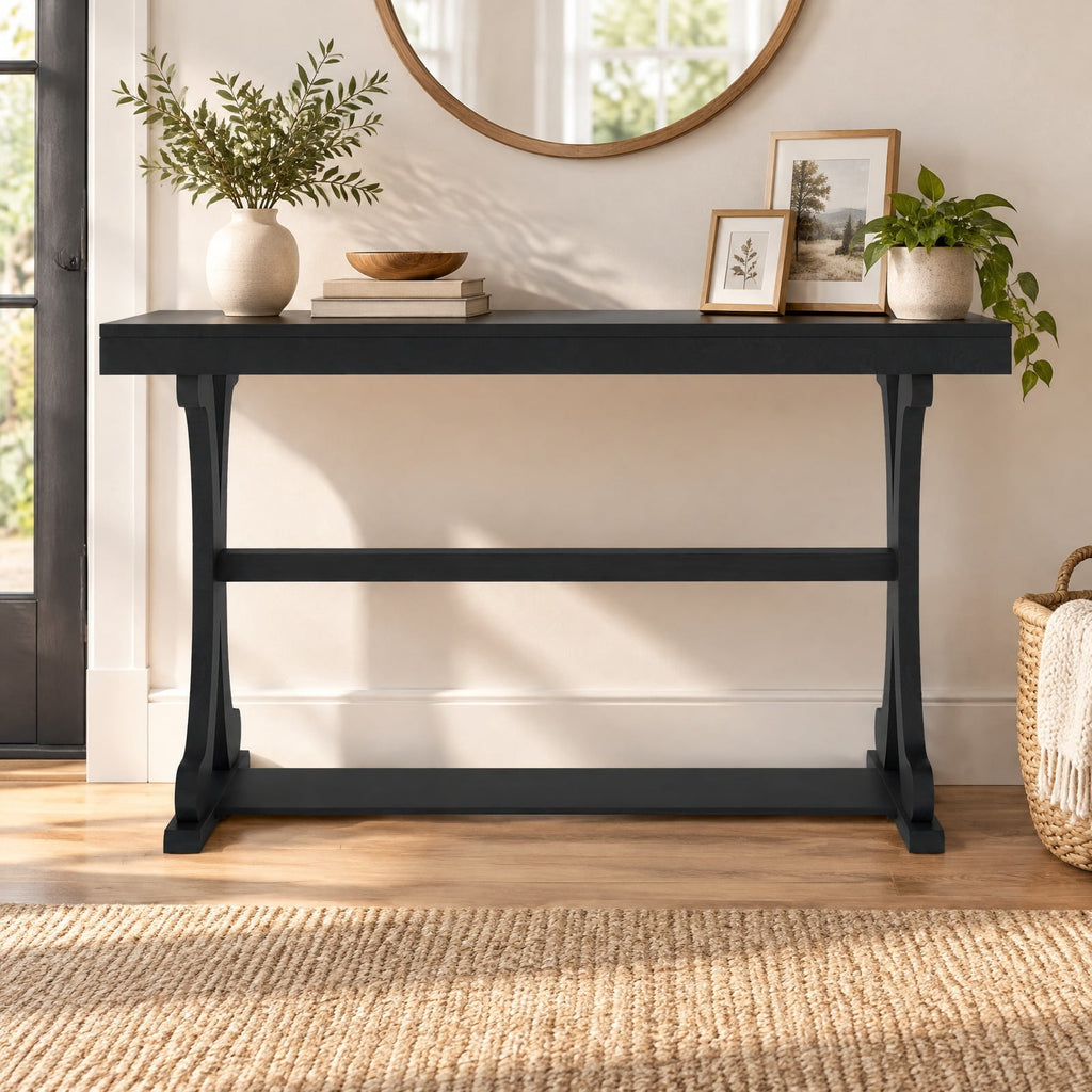 AIRFIND Console Table with Open Storage Shelf, 52 in Vintage Entryway Table with Curved Solid Wood Legs and Adjustable Feet, Black