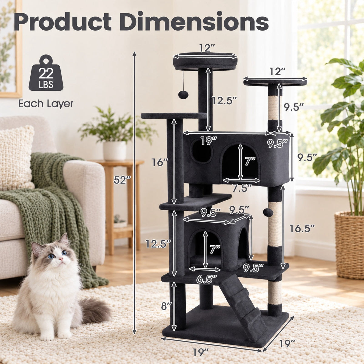 Airfind 52 Inch Tall Cat Tree Tower for Indoor Cats, 22 lbs Capacity, Engineered Wood Sponge Plush Fabric Sisal Frame, Dark Gray