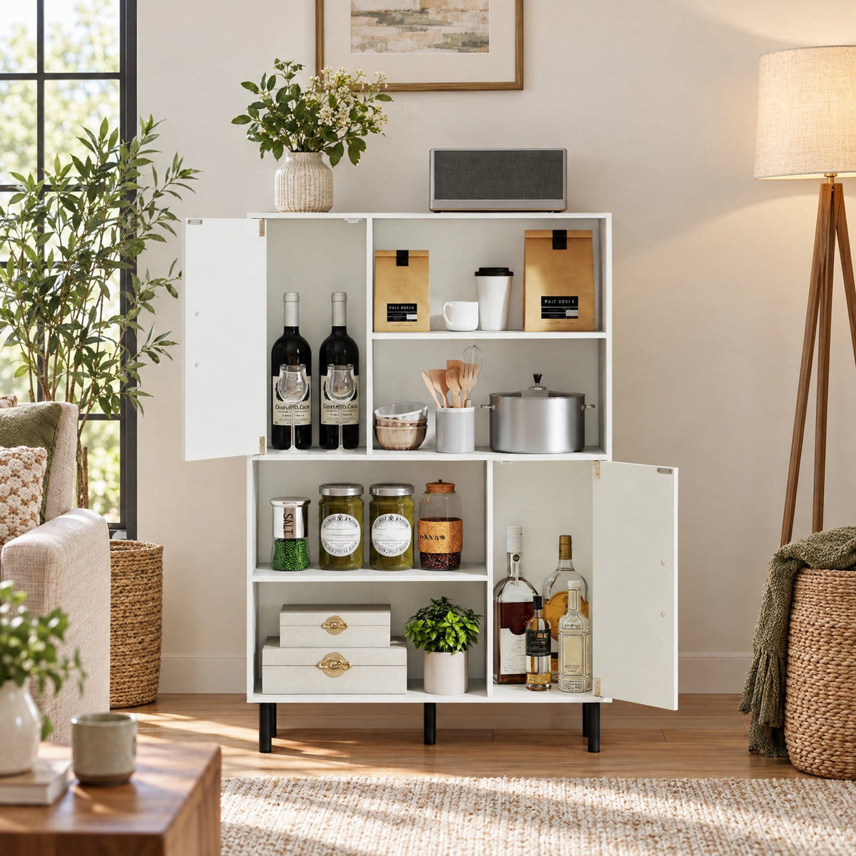 Airfind 47 Inch Storage Cabinet Freestanding Bookcase with 2 Doors and 4 Open Shelves, 176 lbs Capacity, Engineered Wood MDF Metal Frame, White