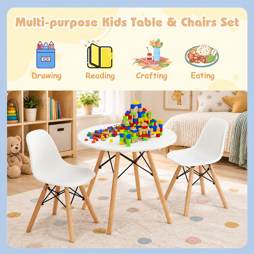 Airfind Kids Modern Dining Table Set with 2 Armless Chairs, 110 lbs Capacity, MDF PP beech wood and iron Frame, for 3-12years old, White