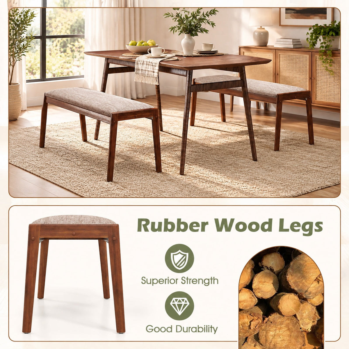 Airfind 45 Inch Farmhouse Backless Bench with Rubber Wood Legs and Fabric Padded Seat, 400 lbs Capacity, 45 x 17 x 19 Footprint, Beige