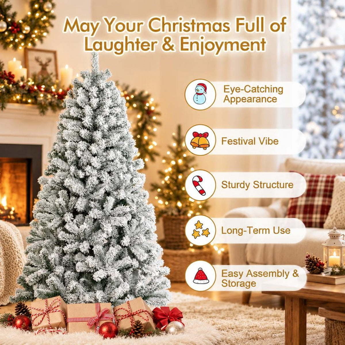 Airfind 6 Feet Artificial Snow Decorated Flocked Hinged Christmas Tree with Metal Stand, White, Diameter of Metal Stand 18 Inch 20 Inch