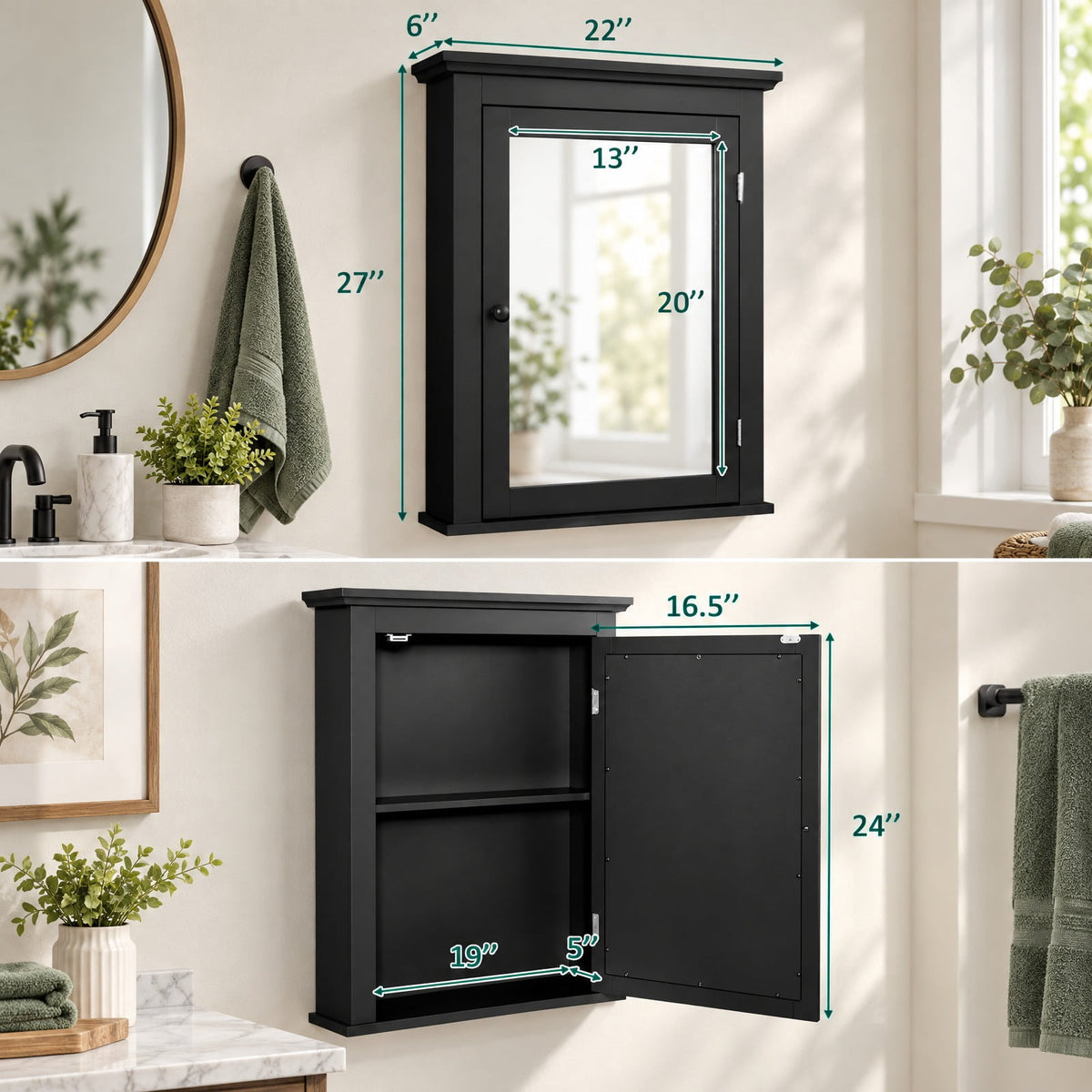 Airfind Wall Mounted Bathroom Mirror Cabinet with 5-level Height-adjustable Shelf, 11 lbs Capacity, MDF and glass Frame, 22 x 6 x 27.5 Footprint
