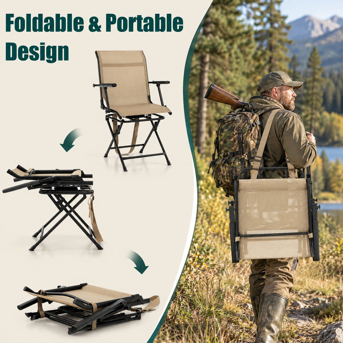 Airfind Foldable Swivel Hunting Chair with Mesh Back, Armrests and Wide Feet, 330 lbs Capacity for Ground Blind and Outdoor Use, Coffee