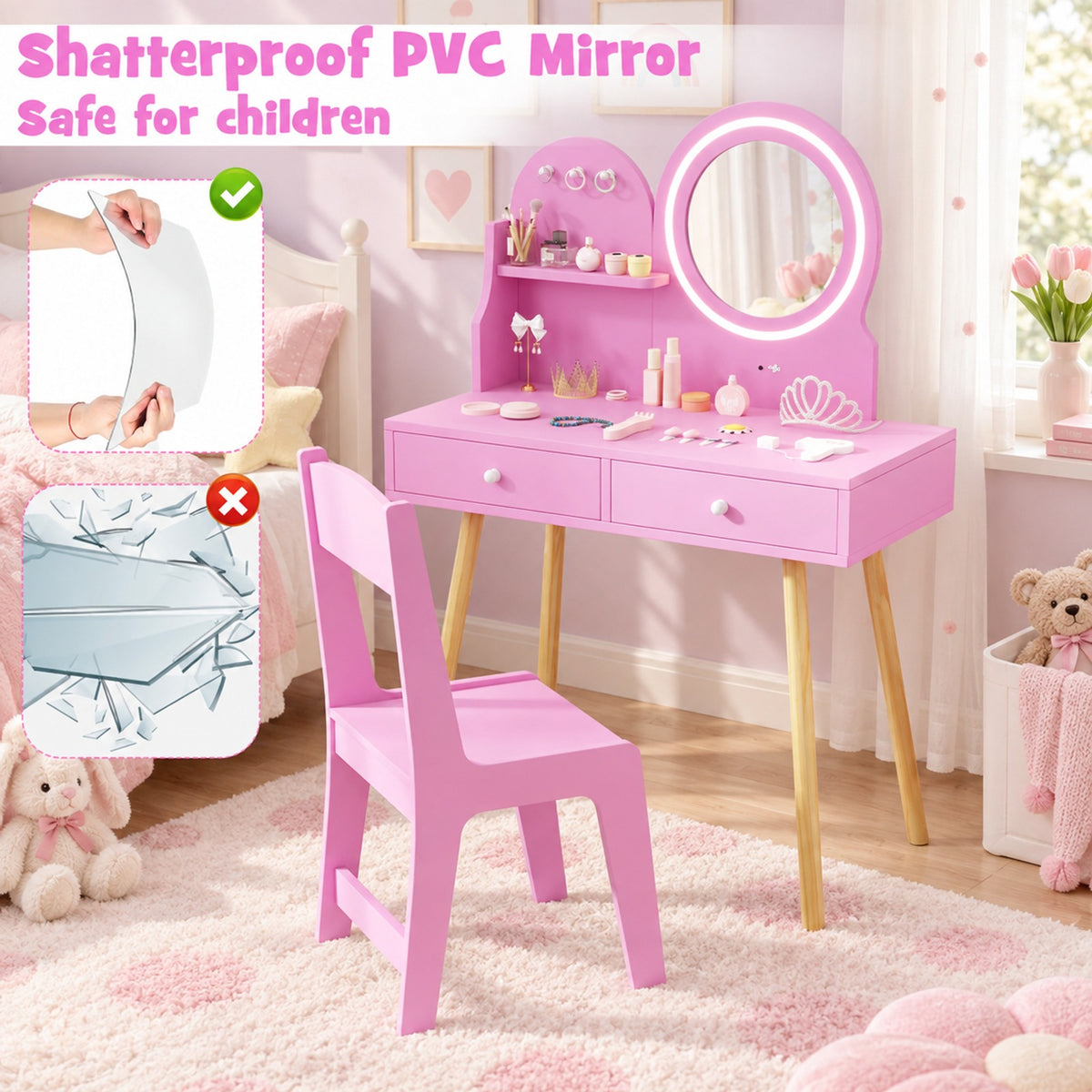 Airfind Kids Princess Makeup Dressing Desk and Chair Set with Mirror and Lights, 110 lbs Capacity, MDF Frame, for 3+ years old, Pink