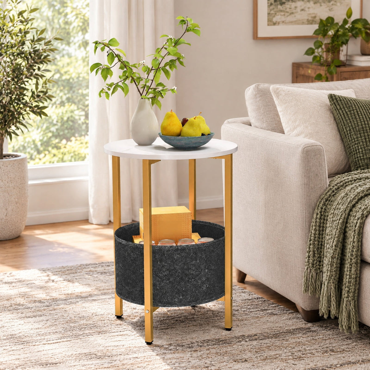 Airfind Round End Table 2-Tier Side Table with Removable Fabric Basket and Metal Frame, 44 lbs Capacity, Metal Engineered Wood Felt Frame, White