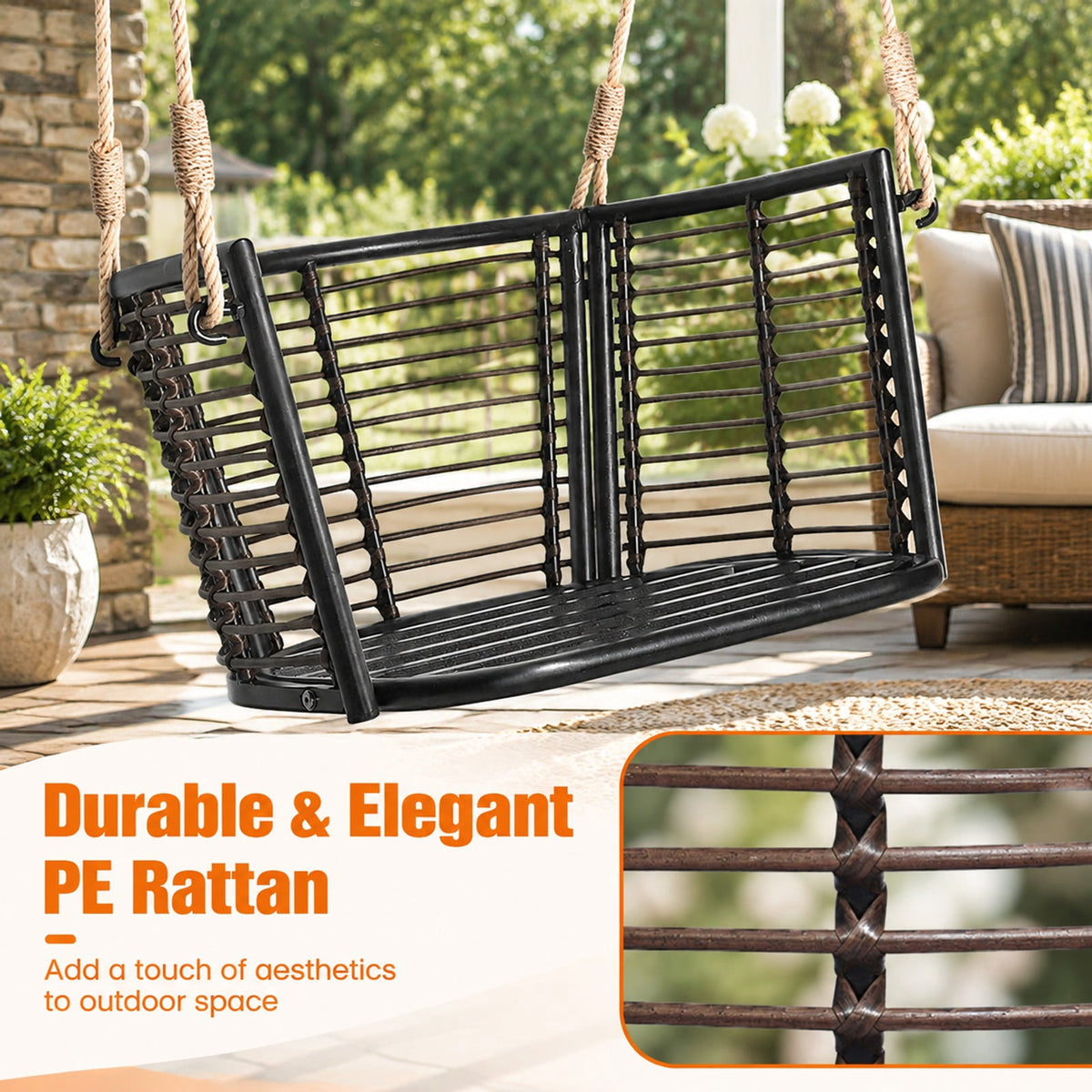 Airfind Porch Swing Patio Hanging Rattan Chair with Zippered Cushions and Rope, 400 lbs Capacity, 30.5 x 24.5 x 15 Suitable Hanging Footprint