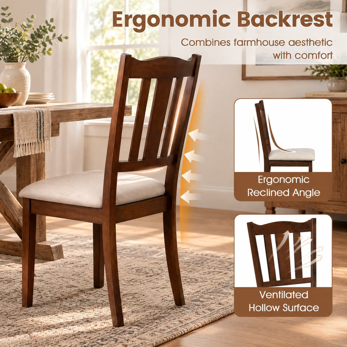Airfind Set of 2 Wooden Dining Chair with Hollow Back and Soft-padded Cushion, 330 lbs Capacity, Rubberwood Fabric Sponge Engineered Wood Frame