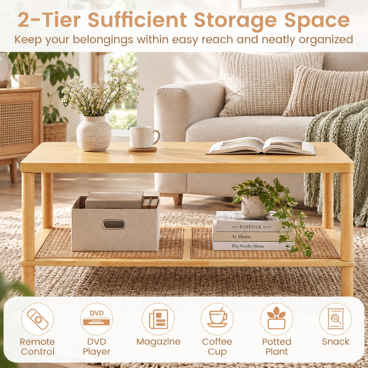 Airfind 2-Tier Boho Coffee Table for Living Room Rectangular Center Table with Rubber Wood Frame and PVC Rattan Storage Shelf, 185 lbs Capacity